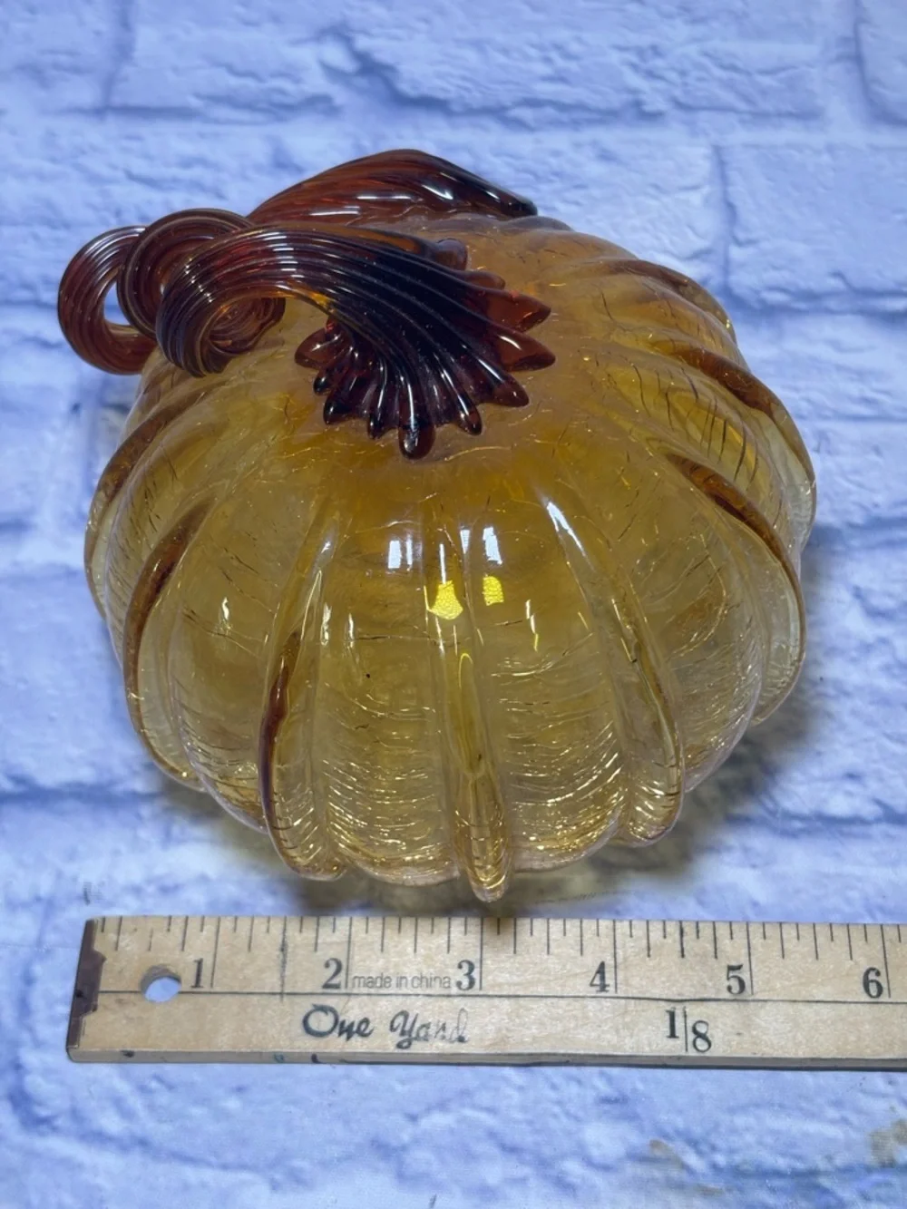 Glass Amber Pumpkin Hand Blown Crackle Finish Thanksgiving Curly Steam Pier One